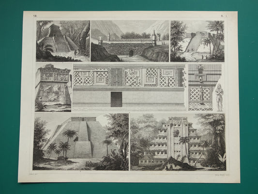 MAYATEMPELS Oude prent Mesoamerikaanse architectuur 1849 originele antieke illustratie gravure Maya piramide van de Nissen
