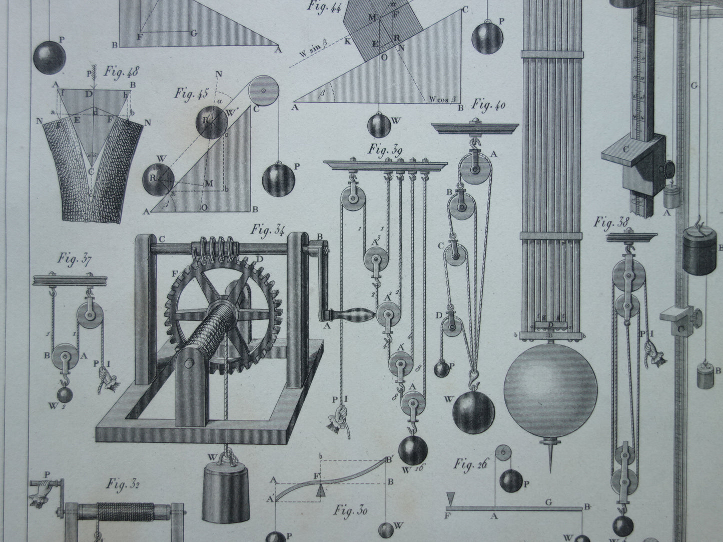 Natuurkunde oude prent katrollen 1849 originele antieke illustratie wetenschappelijke experimenten vintage print