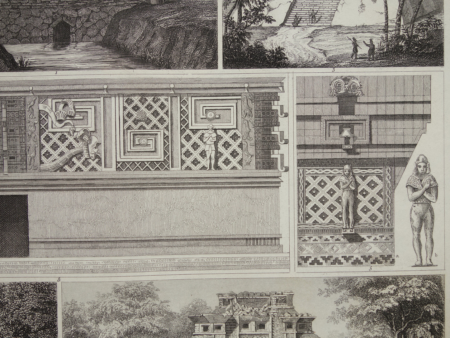 MAYATEMPELS Oude prent Mesoamerikaanse architectuur 1849 originele antieke illustratie gravure Maya piramide van de Nissen