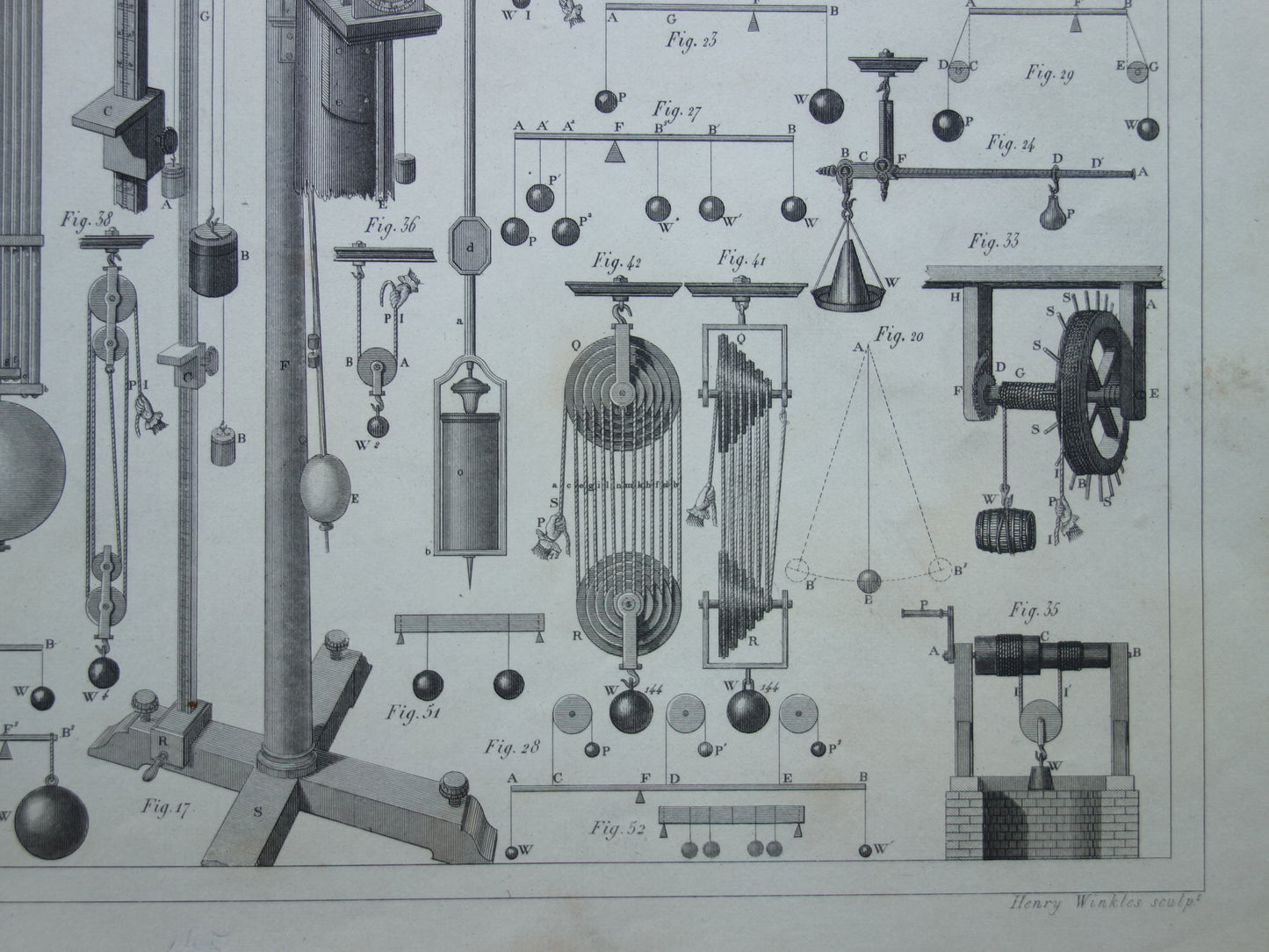 Natuurkunde oude prent katrollen 1849 originele antieke illustratie wetenschappelijke experimenten vintage print