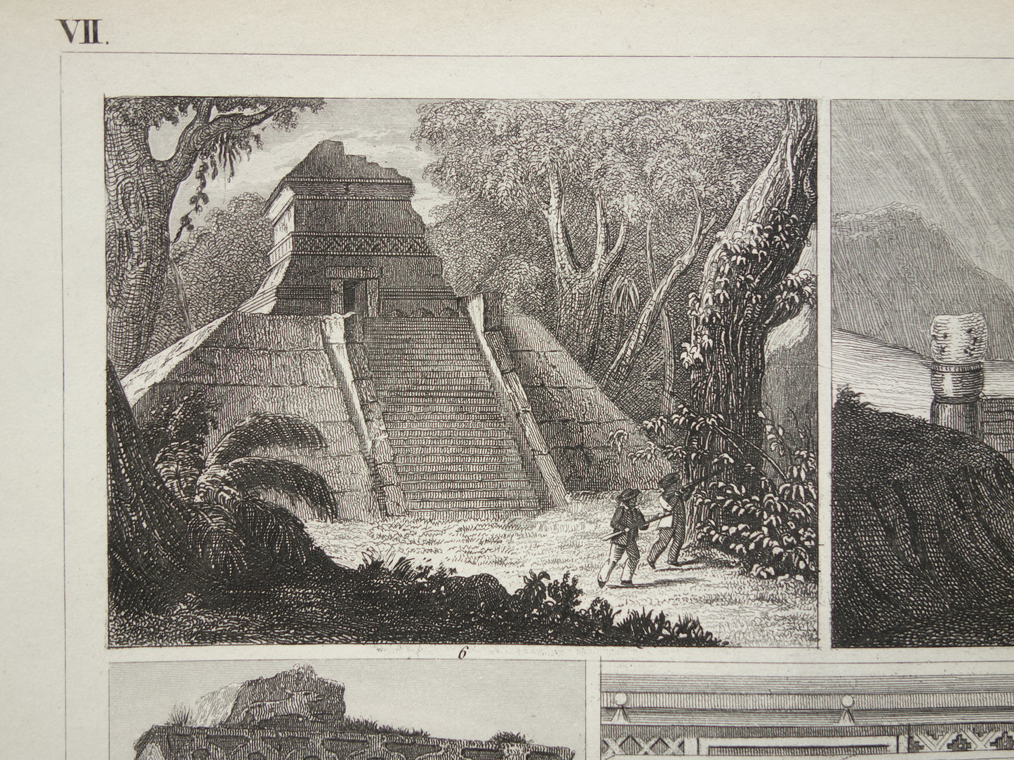 MAYATEMPELS Oude prent Mesoamerikaanse architectuur 1849 originele antieke illustratie gravure Maya piramide van de Nissen