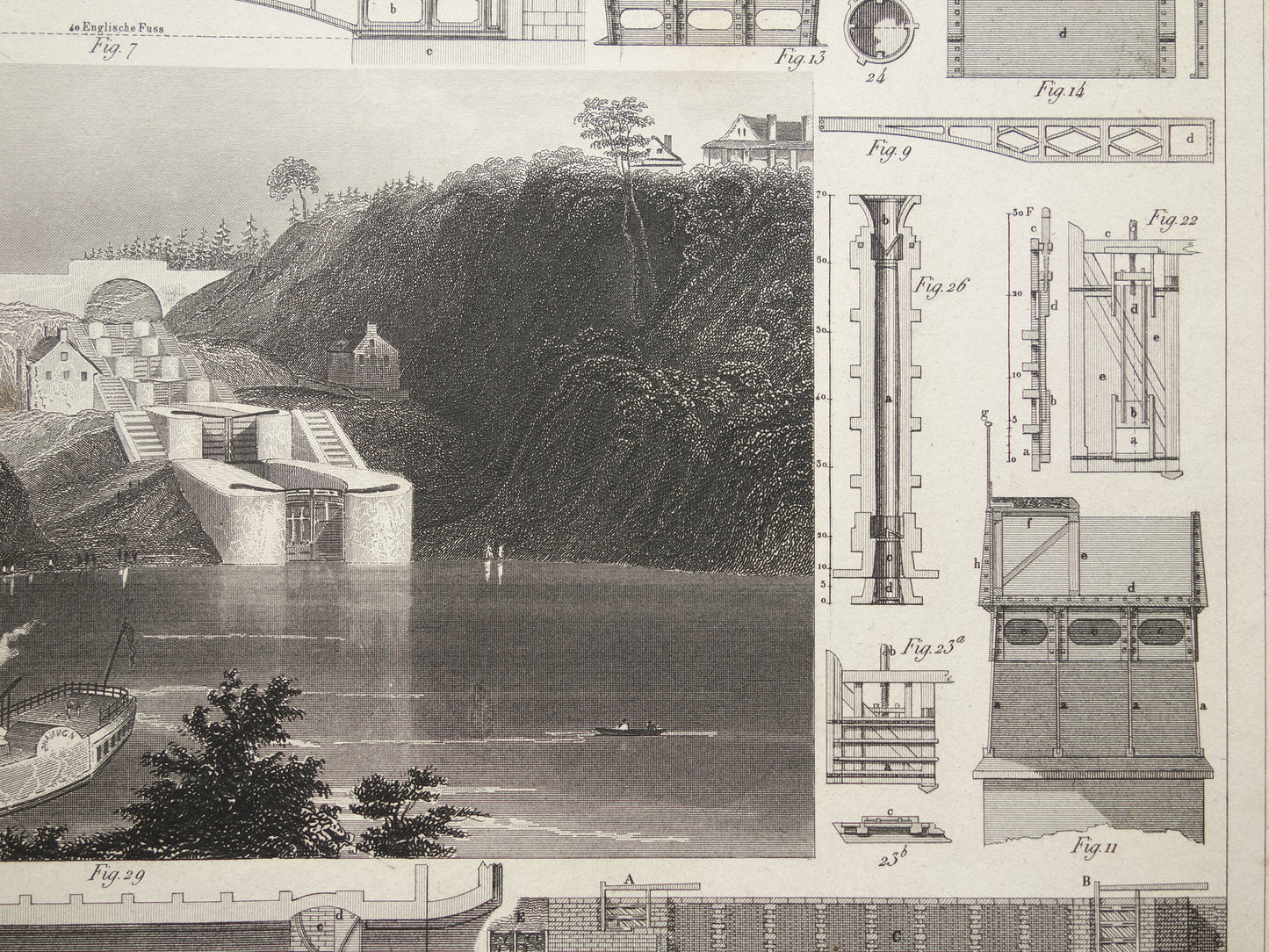 Über 170 Jahre alter Technologiedruck über Kanäle, antiker Wissenschaftsdruck, Kanaldamm-Wasserbau, Vintage-Drucke