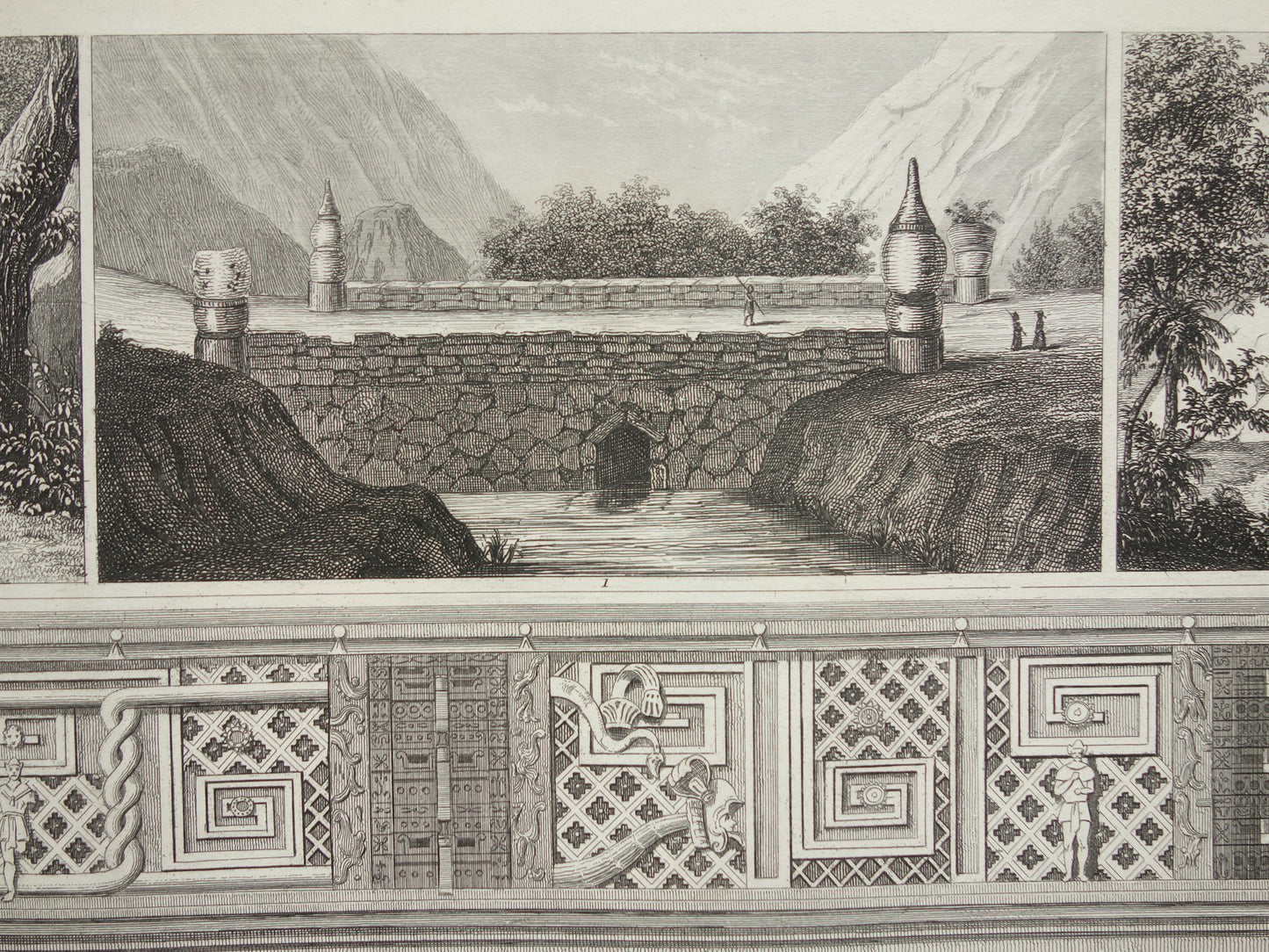 MAYATEMPELS Oude prent Mesoamerikaanse architectuur 1849 originele antieke illustratie gravure Maya piramide van de Nissen