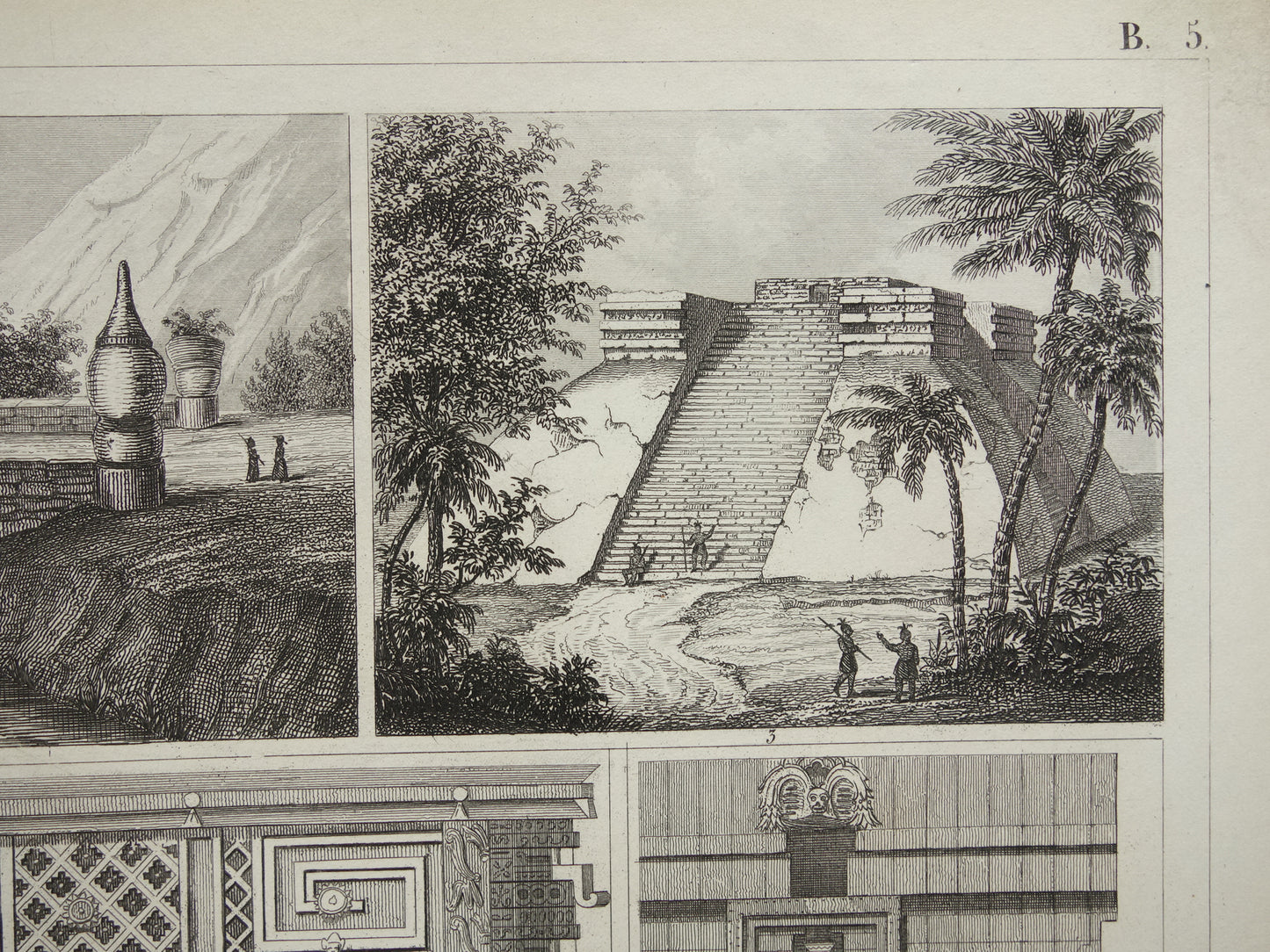 MAYATEMPELS Oude prent Mesoamerikaanse architectuur 1849 originele antieke illustratie gravure Maya piramide van de Nissen