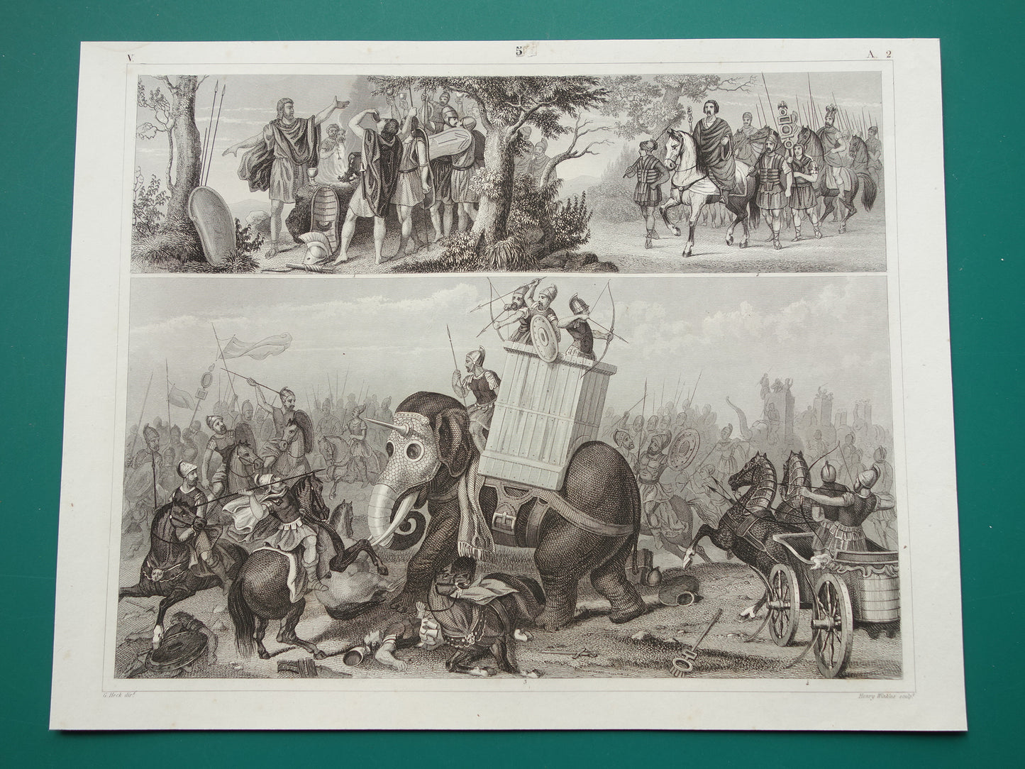 KRIJGSOLIFANT Oude illustratie uit 1849 antieke prent over Romeinse oorlogsolifant - originele vintage militaire print Grieken Romeinen