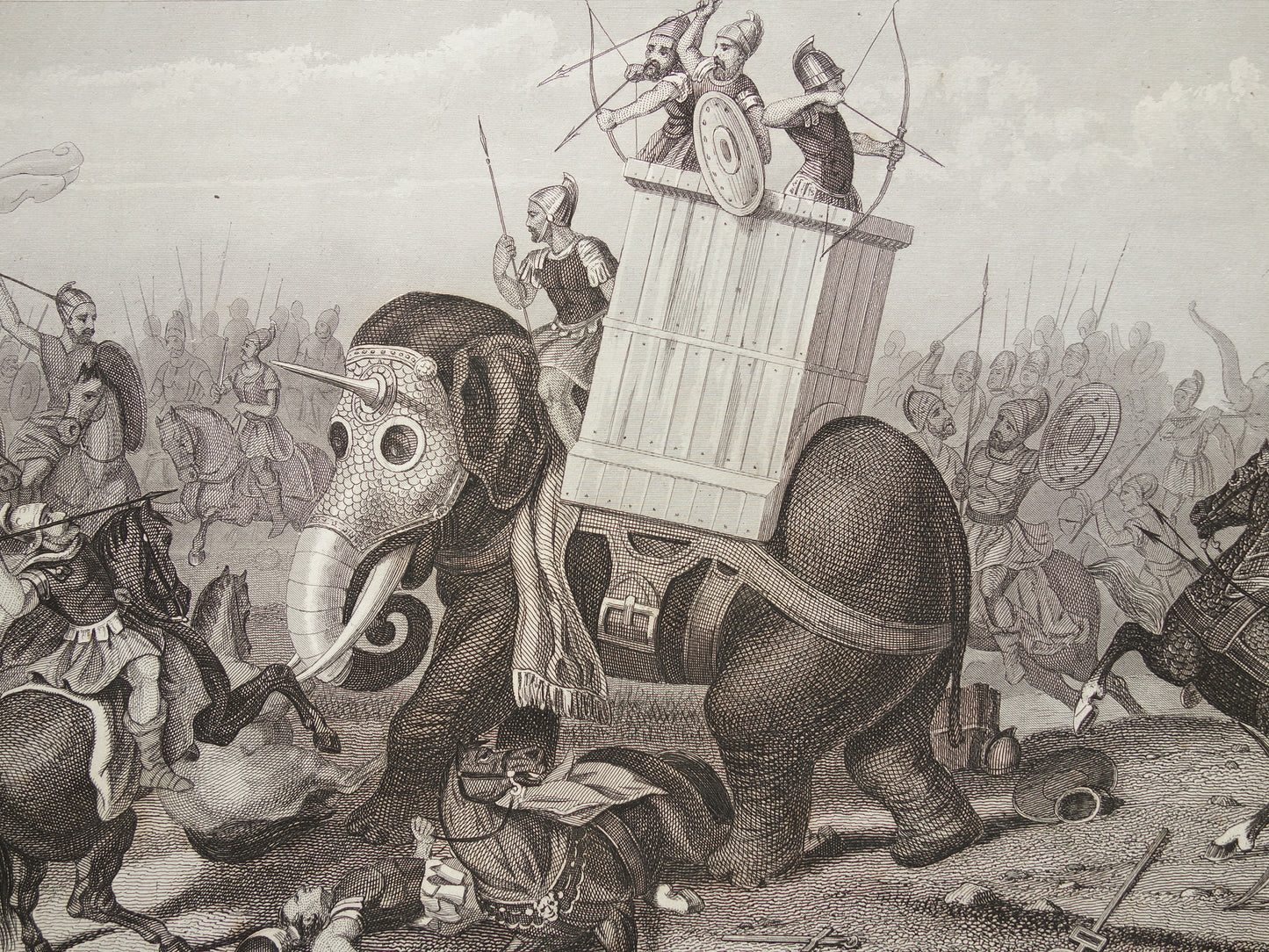 KRIJGSOLIFANT Oude illustratie uit 1849 antieke prent over Romeinse oorlogsolifant - originele vintage militaire print Grieken Romeinen
