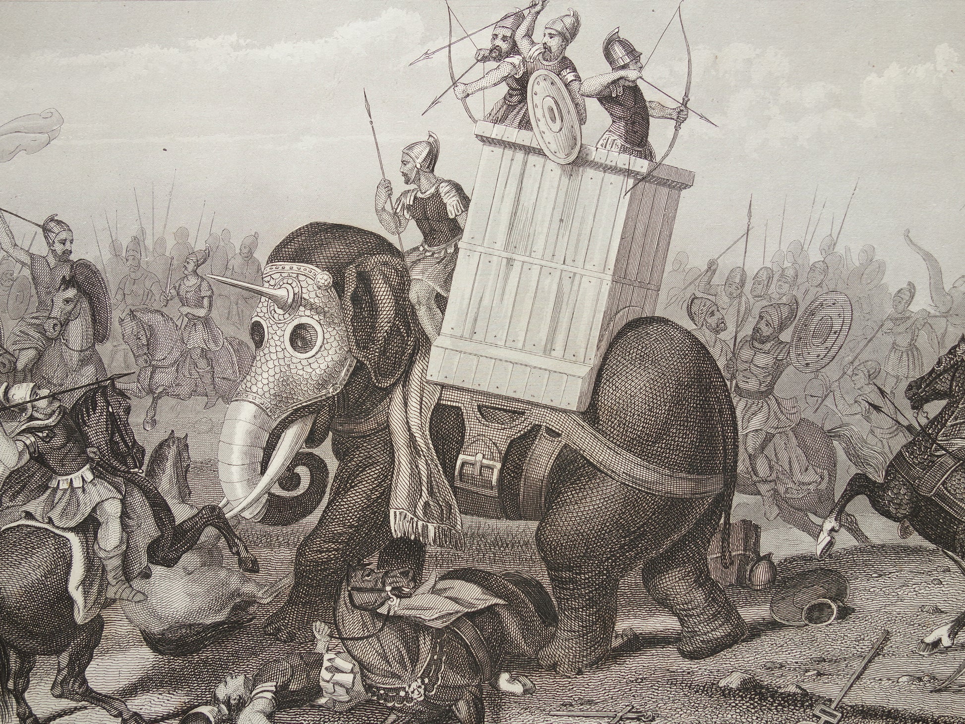 KRIJGSOLIFANT Oude illustratie uit 1849 antieke prent over Romeinse oorlogsolifant - originele vintage militaire print Grieken Romeinen