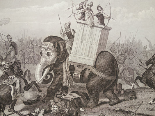 KRIJGSOLIFANT Oude illustratie uit 1849 antieke prent over Romeinse oorlogsolifant - originele vintage militaire print Grieken Romeinen