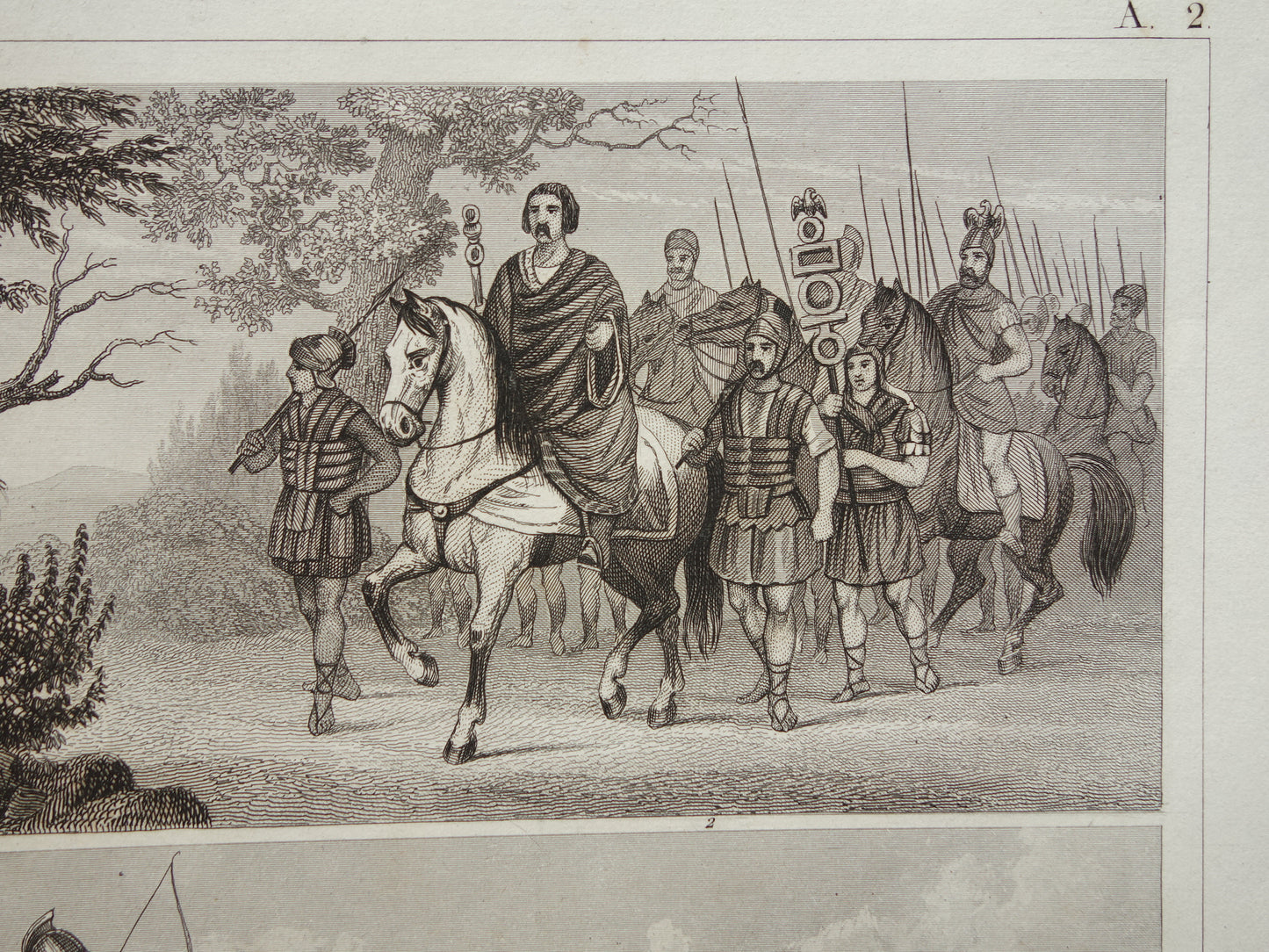 KRIJGSOLIFANT Oude illustratie uit 1849 antieke prent over Romeinse oorlogsolifant - originele vintage militaire print Grieken Romeinen