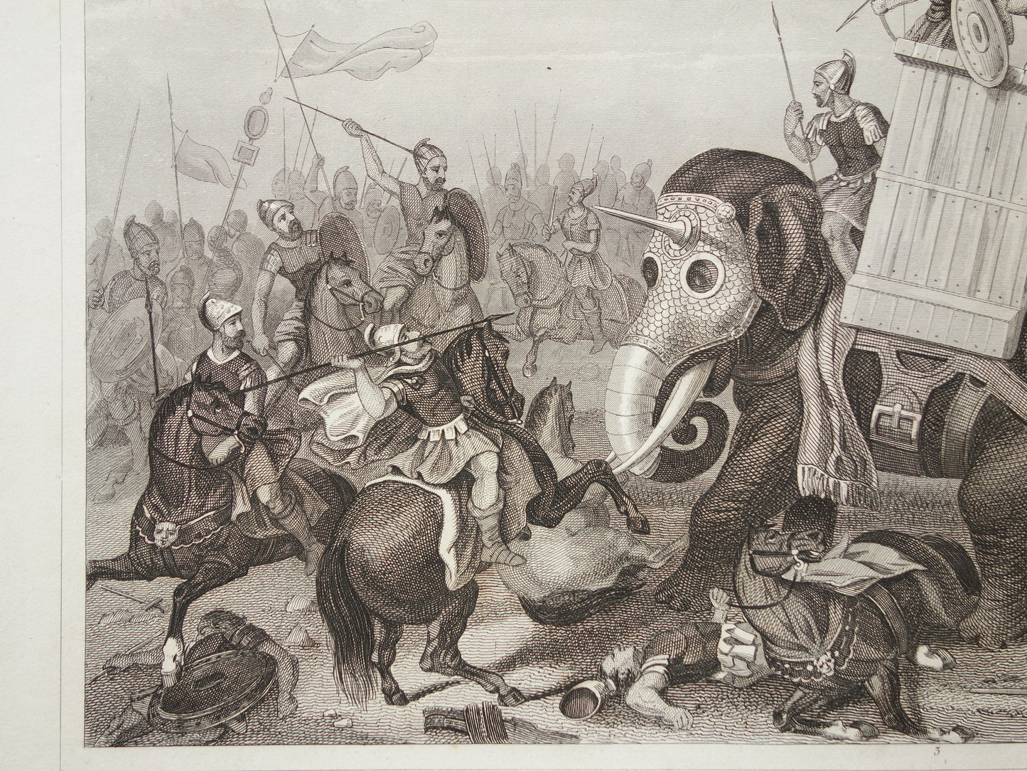 KRIJGSOLIFANT Oude illustratie uit 1849 antieke prent over Romeinse oorlogsolifant - originele vintage militaire print Grieken Romeinen