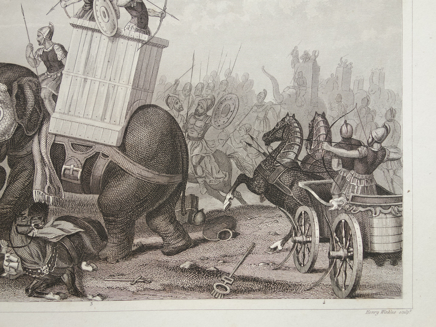KRIJGSOLIFANT Oude illustratie uit 1849 antieke prent over Romeinse oorlogsolifant - originele vintage militaire print Grieken Romeinen