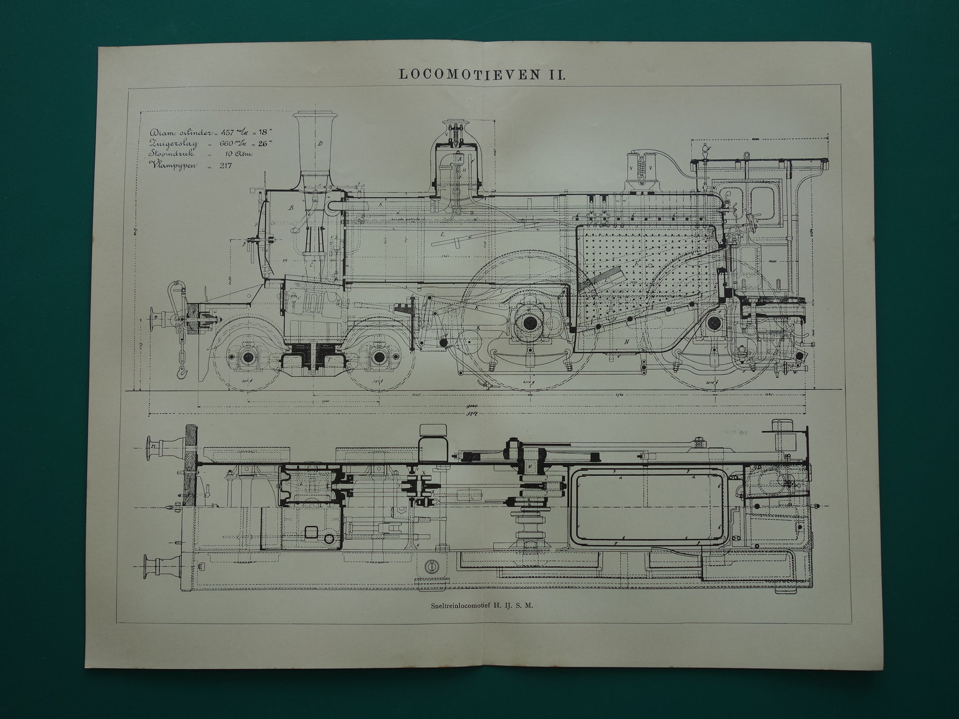 LOCOMOTIEF oude techniek prent uit 1909 Originele vintage Nederlandse illustratie Locomotieven Trein H.IJ.S.M. antieke print