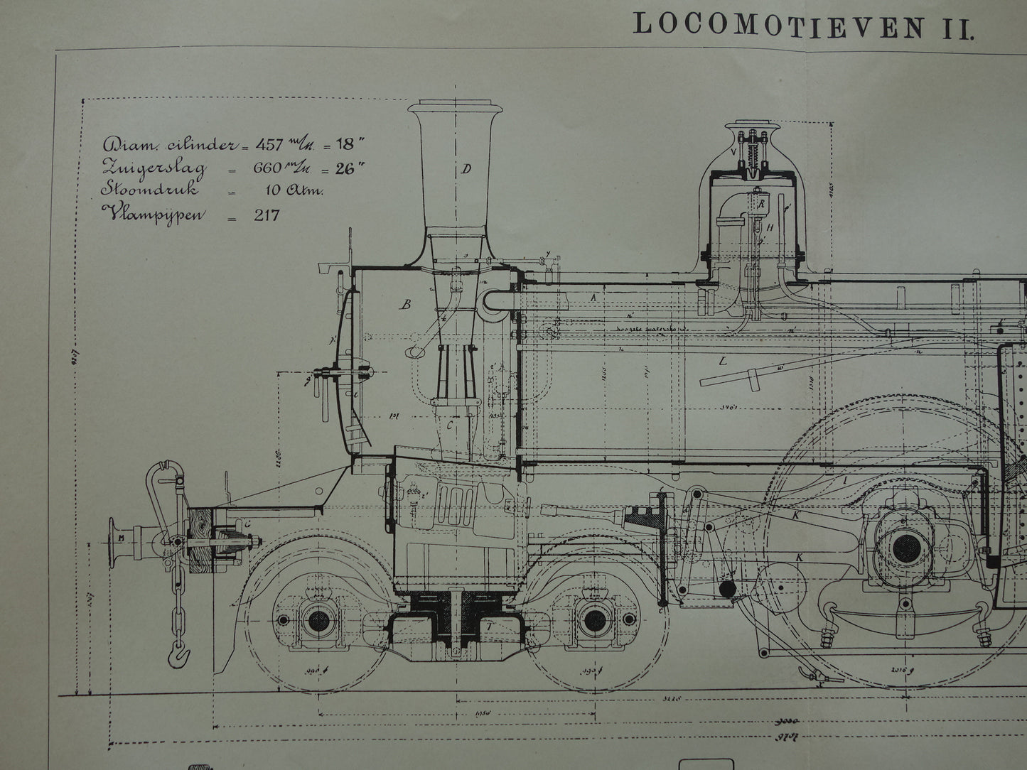 LOCOMOTIEF oude techniek prent uit 1909 Originele vintage Nederlandse illustratie Locomotieven Trein H.IJ.S.M. antieke print