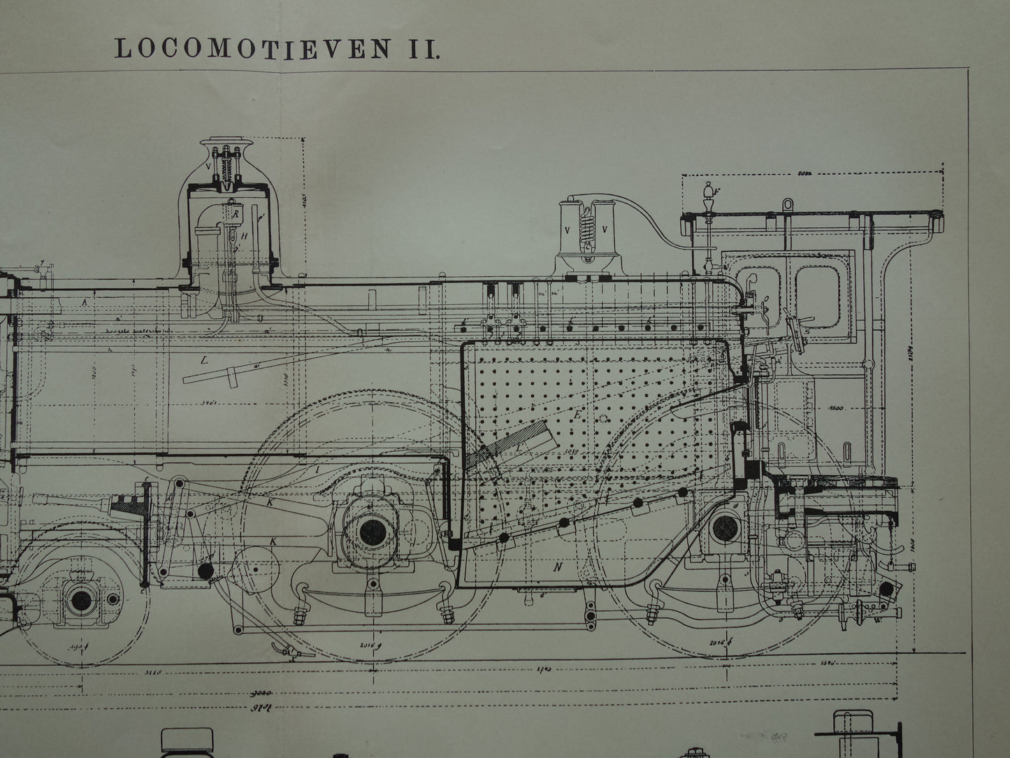 LOCOMOTIEF oude techniek prent uit 1909 Originele vintage Nederlandse illustratie Locomotieven Trein H.IJ.S.M. antieke print