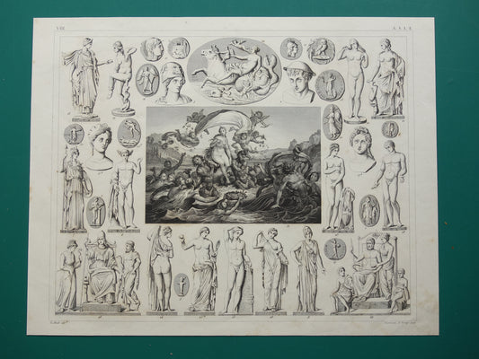 Griekse en Romeinse goden antieke print Originele 175+ jaar oude illustratie Sculpturen Minerva Diana Venus vintage religie prenten oudheid