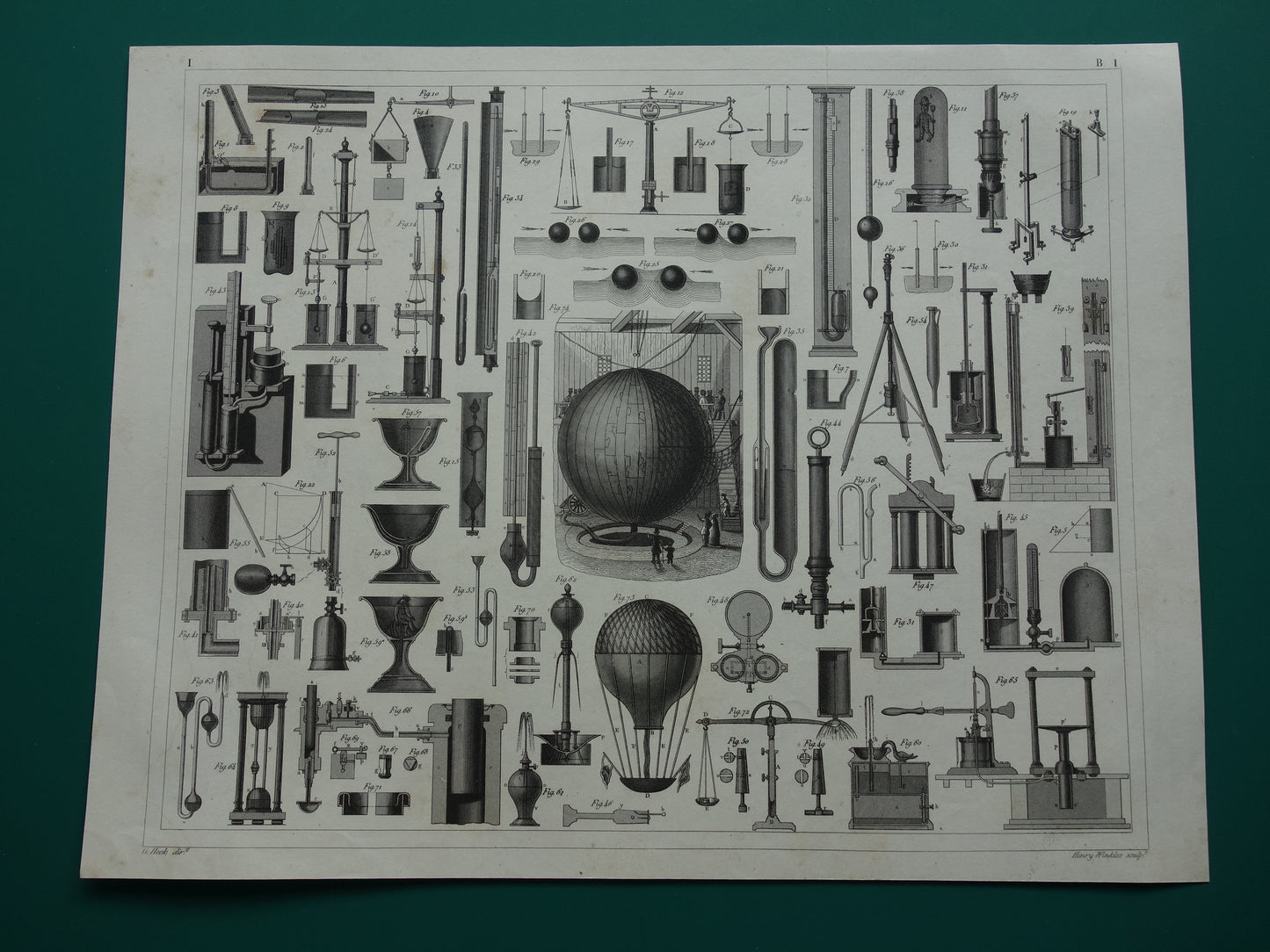 Oude prent Hydrostatica Natuurkunde wetenschappelijke experimenten antieke wetenschap print over barometer manometer luchtballon print