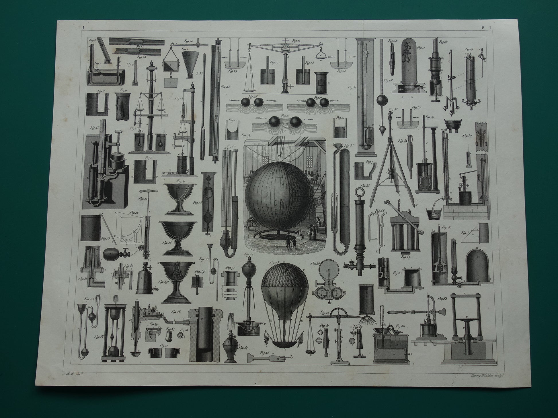 Oude prent Hydrostatica Natuurkunde wetenschappelijke experimenten antieke wetenschap print over barometer manometer luchtballon print