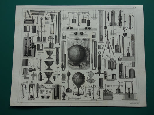 Oude prent Hydrostatica Natuurkunde wetenschappelijke experimenten antieke wetenschap print over barometer manometer luchtballon print