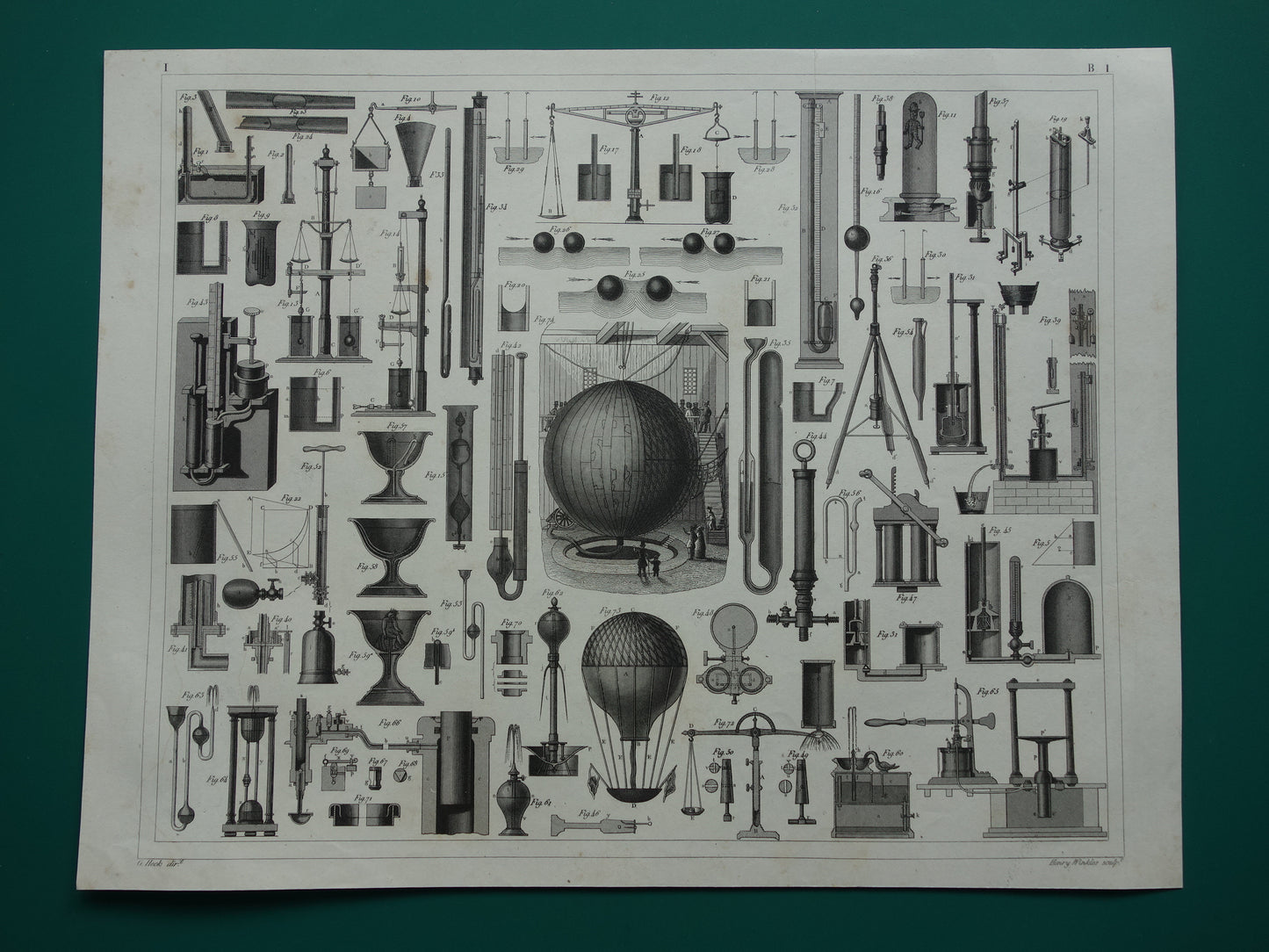 Old print Hydrostatics Physics scientific experiments antique science print about barometer manometer hot air balloon print