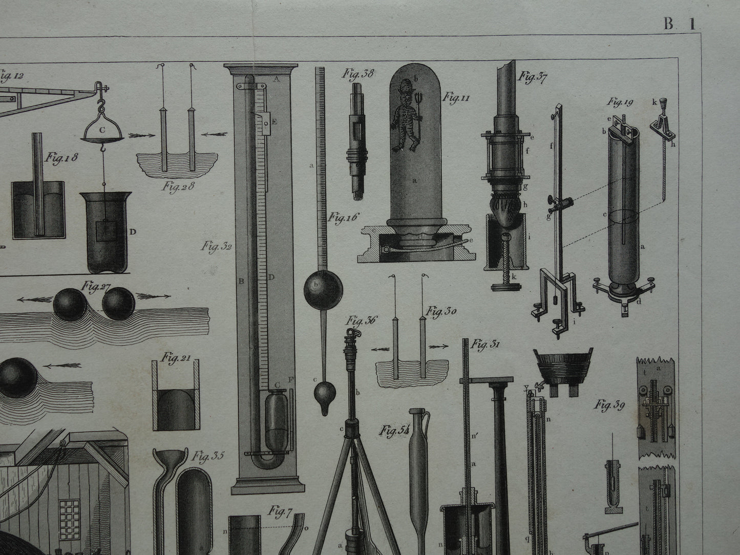 Old print Hydrostatics Physics scientific experiments antique science print about barometer manometer hot air balloon print