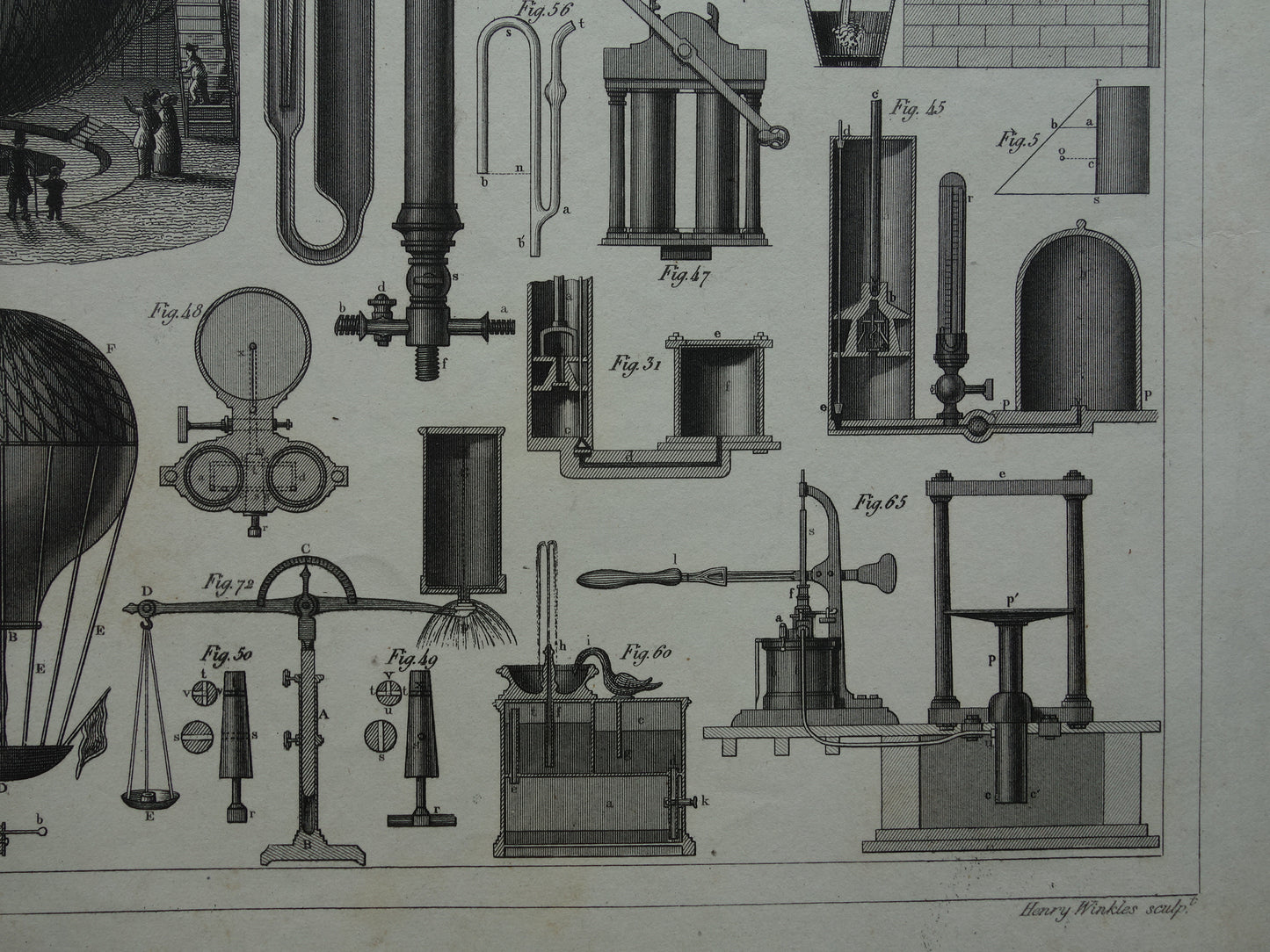 Old print Hydrostatics Physics scientific experiments antique science print about barometer manometer hot air balloon print