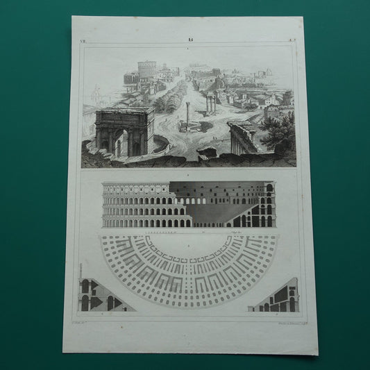 Colosseum en Forum Romanum Oude architectuur prent uit 1849 Antieke illustratie Rome