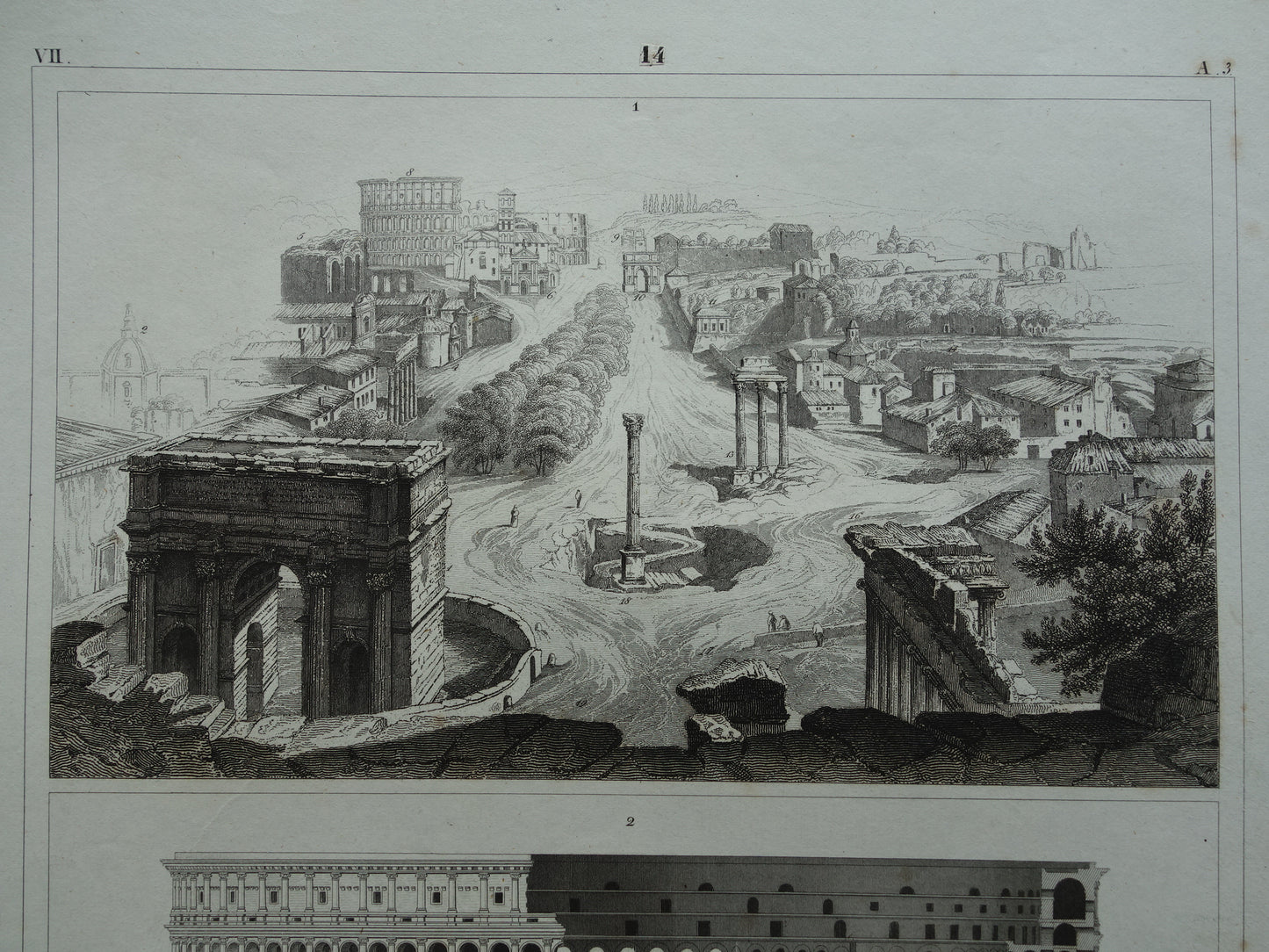 Colosseum en Forum Romanum Oude architectuur prent uit 1849 Antieke illustratie Rome