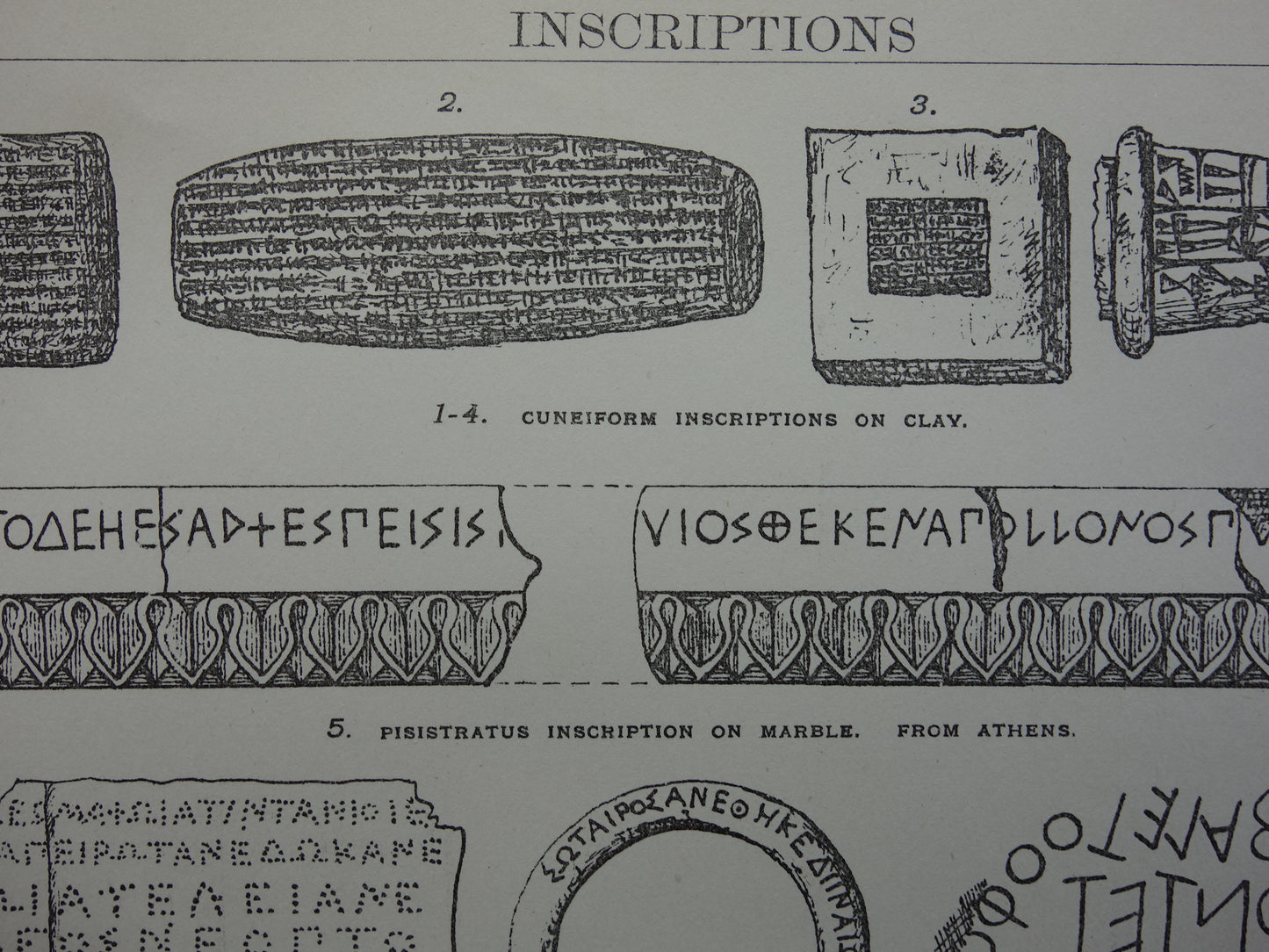 Oude archeologie prent over Griekse Latijnse en Spijkerschrift inscripties uit de oudheid 1886 originele antieke geschiedenis illustratie Griekenland Italië taal
