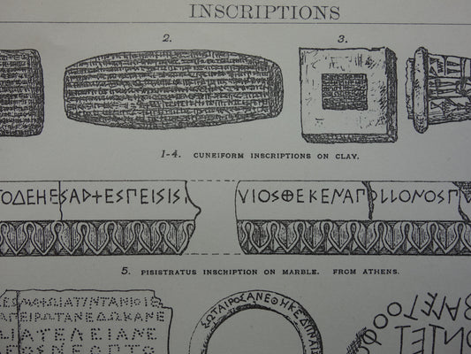 Oude archeologie prent over Griekse Latijnse en Spijkerschrift inscripties uit de oudheid 1886 originele antieke geschiedenis illustratie Griekenland Italië taal