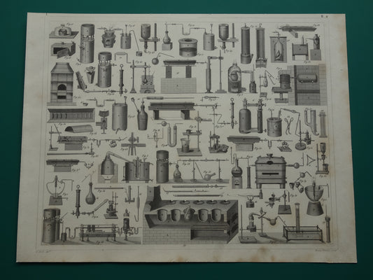 170+ jaar oude prent van glaswerk en ovens voor wetenschappelijk experimenten reageerbuizen antieke wetenschap print over chemie lab laboratorium poster print