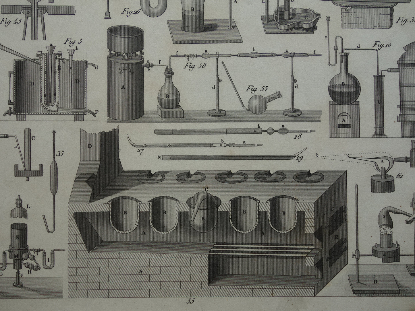 Über 170 Jahre alter Druck von Glaswaren und Öfen für wissenschaftliche Experimente, Reagenzgläser, antiker Wissenschaftsdruck über Chemielabor, Laborplakatdruck