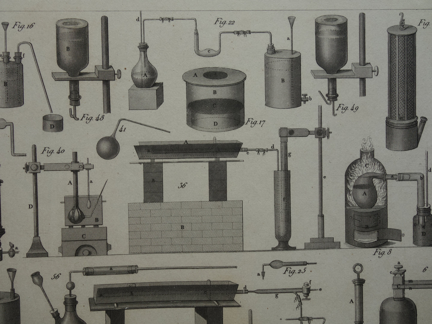 Über 170 Jahre alter Druck von Glaswaren und Öfen für wissenschaftliche Experimente, Reagenzgläser, antiker Wissenschaftsdruck über Chemielabor, Laborplakatdruck