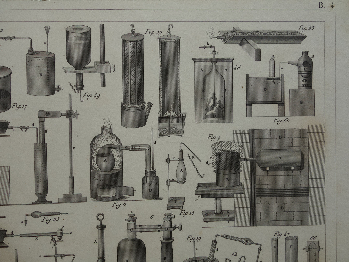 Über 170 Jahre alter Druck von Glaswaren und Öfen für wissenschaftliche Experimente, Reagenzgläser, antiker Wissenschaftsdruck über Chemielabor, Laborplakatdruck