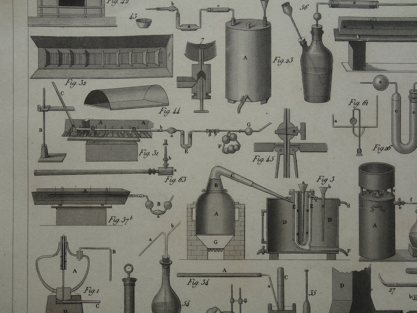 Über 170 Jahre alter Druck von Glaswaren und Öfen für wissenschaftliche Experimente, Reagenzgläser, antiker Wissenschaftsdruck über Chemielabor, Laborplakatdruck