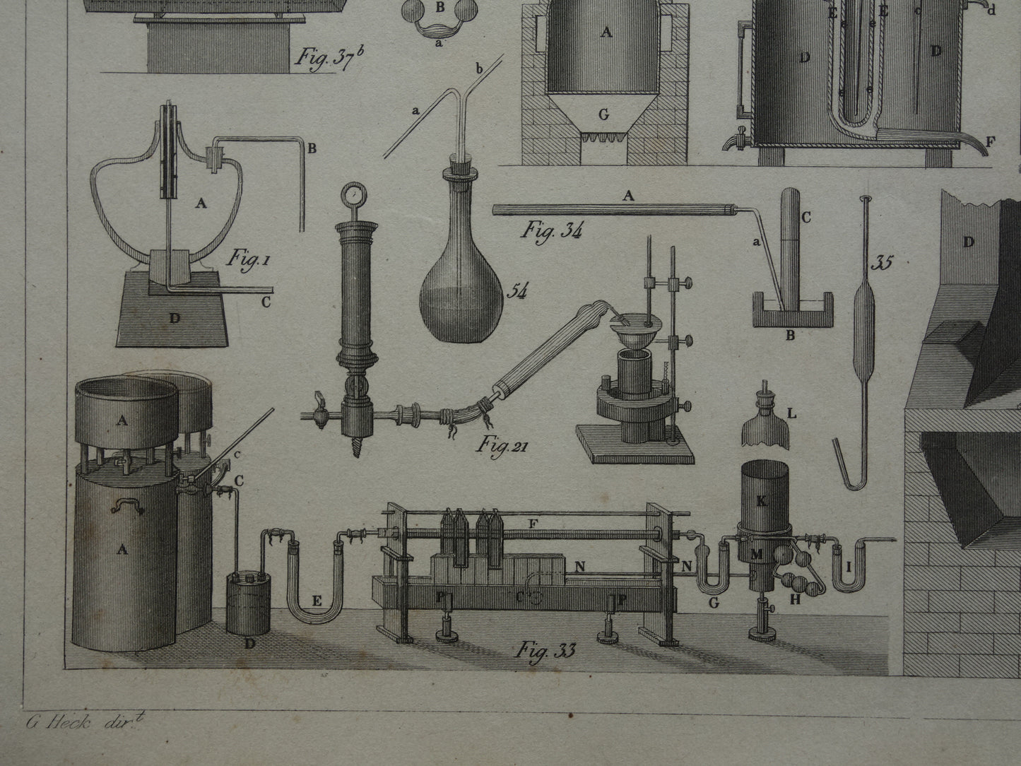 Über 170 Jahre alter Druck von Glaswaren und Öfen für wissenschaftliche Experimente, Reagenzgläser, antiker Wissenschaftsdruck über Chemielabor, Laborplakatdruck