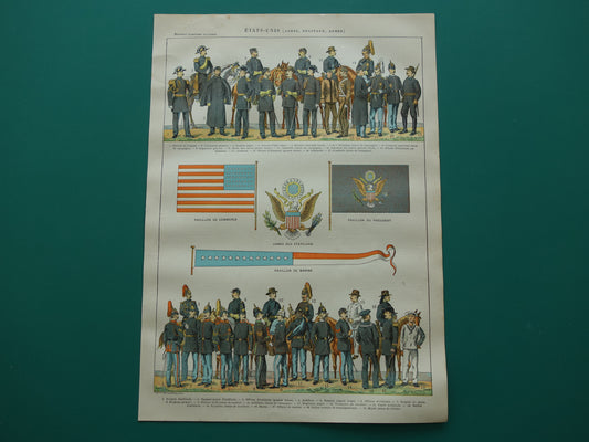 Oude prent van Amerikaanse Leger Uniformen en Vlaggen originele antieke illustratie VS USA Leger Vlag Uniform pre WWI vintage afbeelding prints Verenigde Staten