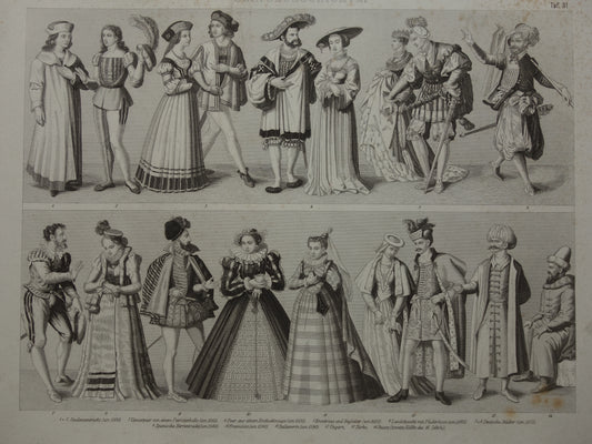 Clothing from 16th century old print from 1870 original antique illustration fashion prints
