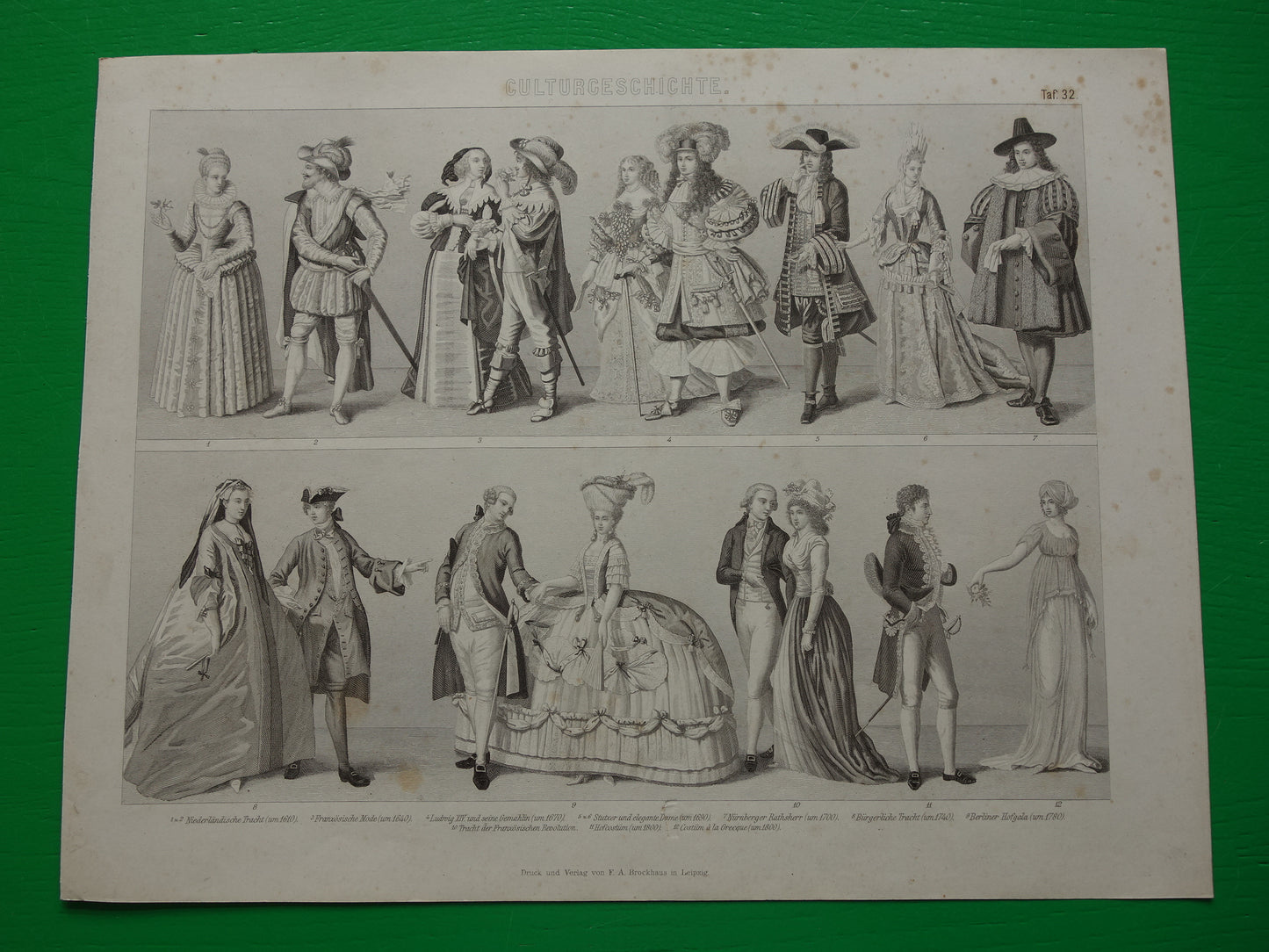 Kleding uit 17e en 18e eeuw oude prent uit 1870 originele antieke illustratie mode prints