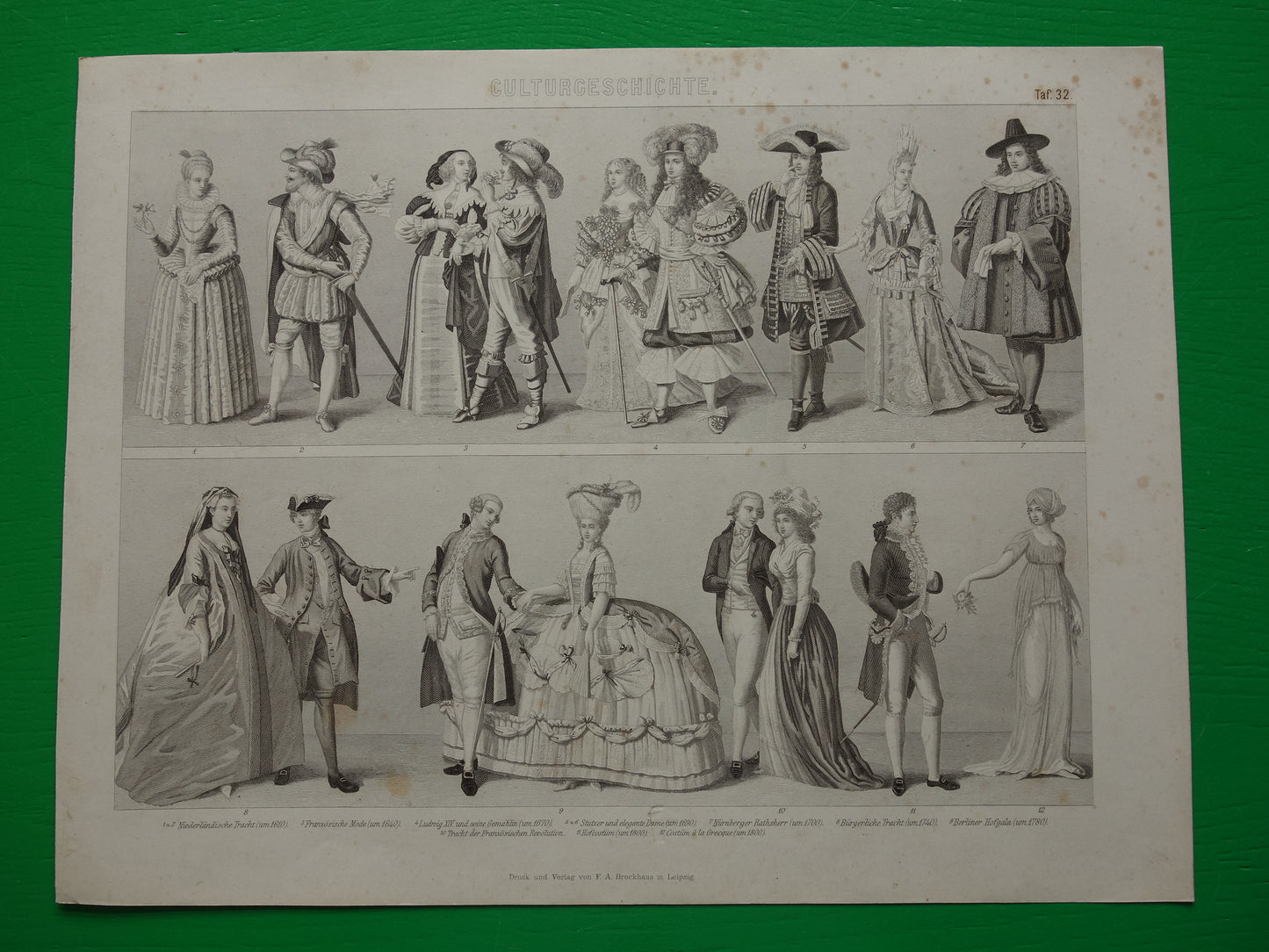Kleding uit 17e en 18e eeuw oude prent uit 1870 originele antieke illustratie mode prints