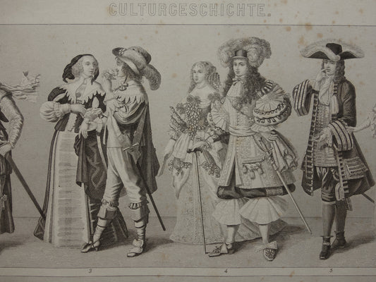 Clothing from 17th and 18th century old print from 1870 original antique illustration fashion prints