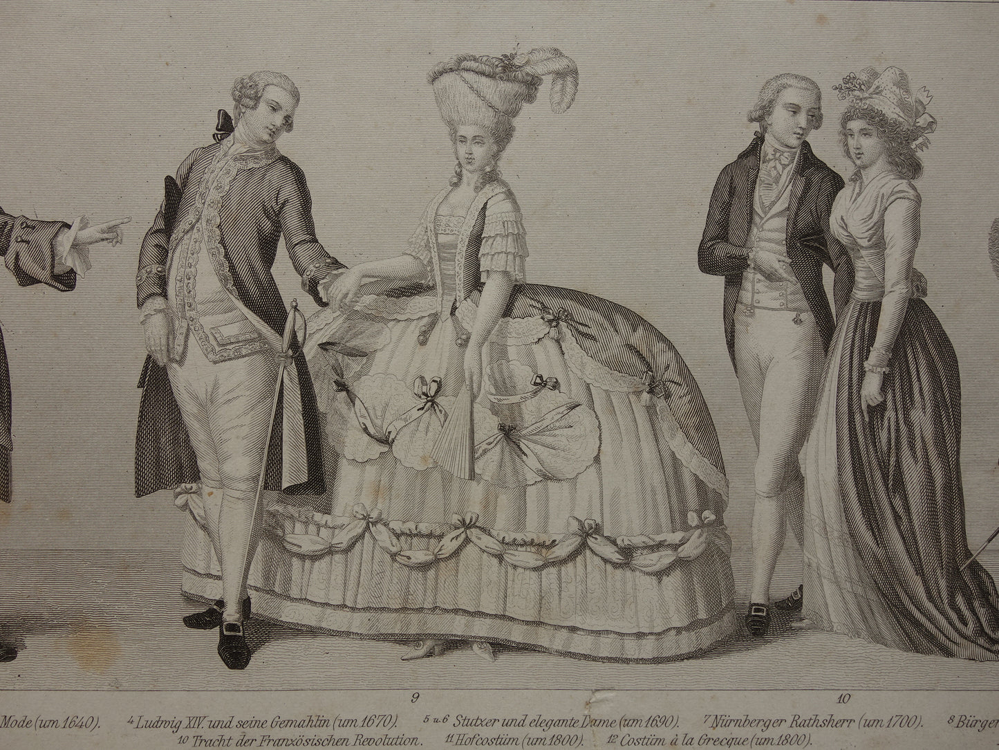 Kleding uit 17e en 18e eeuw oude prent uit 1870 originele antieke illustratie mode prints
