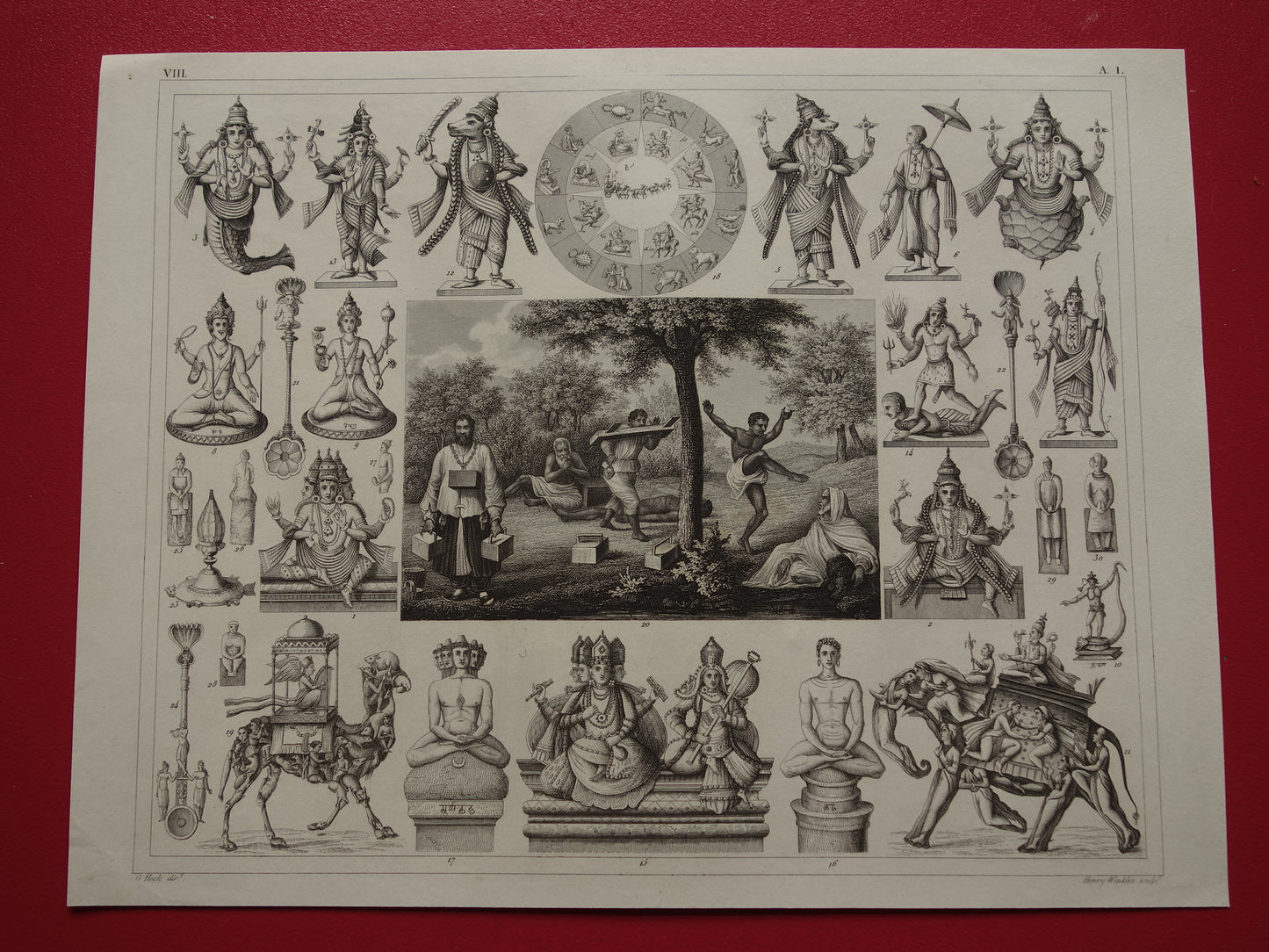 Hindoeïsme antieke print Originele 175+ jaar oude prent illustratie Vishnu Hindoe Goden Goden Monniken Rituelen vintage religie prints