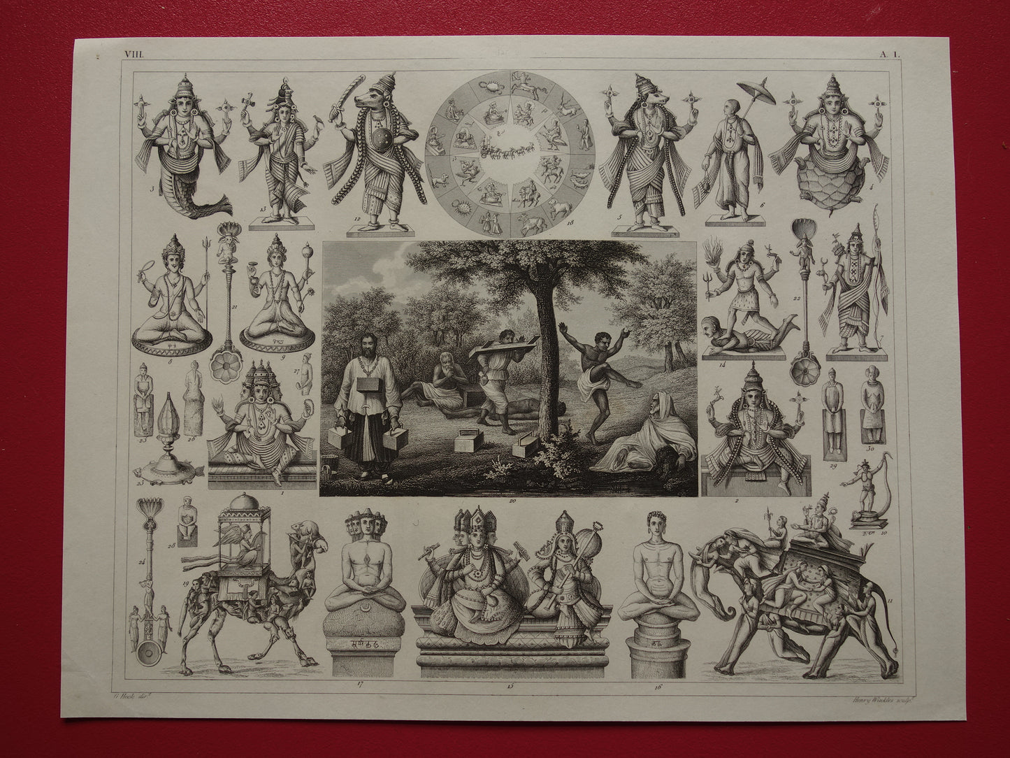 Hindoeïsme antieke print Originele 175+ jaar oude prent illustratie Vishnu Hindoe Goden Goden Monniken Rituelen vintage religie prints