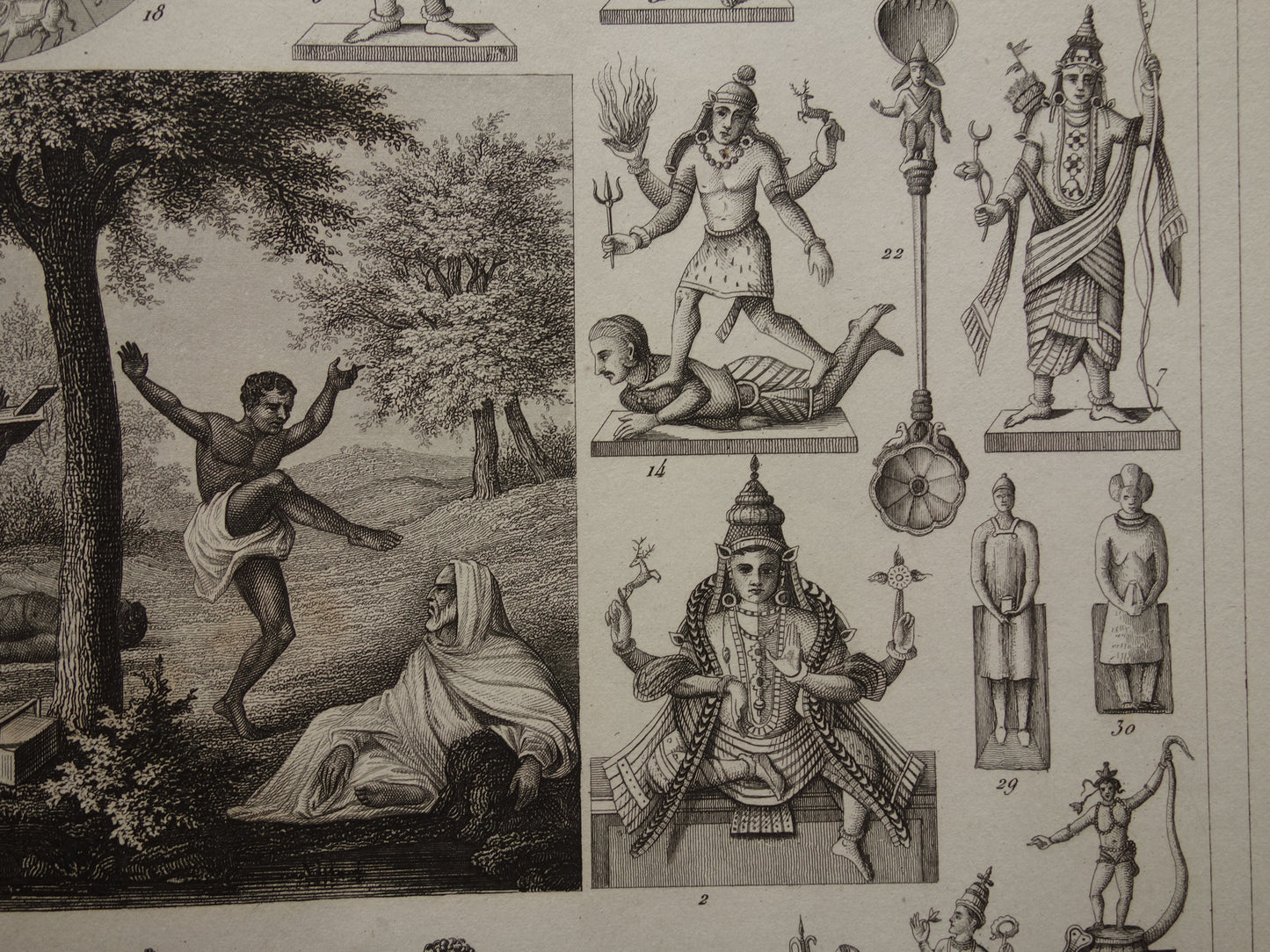 Hindoeïsme antieke print Originele 175+ jaar oude prent illustratie Vishnu Hindoe Goden Goden Monniken Rituelen vintage religie prints