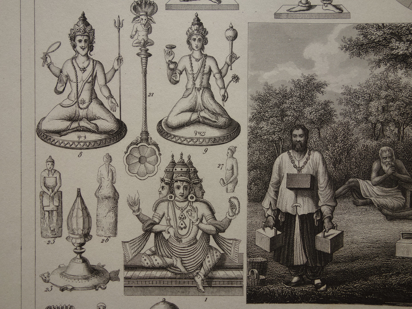 Hindoeïsme antieke print Originele 175+ jaar oude prent illustratie Vishnu Hindoe Goden Goden Monniken Rituelen vintage religie prints