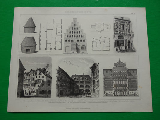 ARCHITECTUUR Oude prent over 1870 originele antieke illustratie architectonische geschiedenis vintage prints