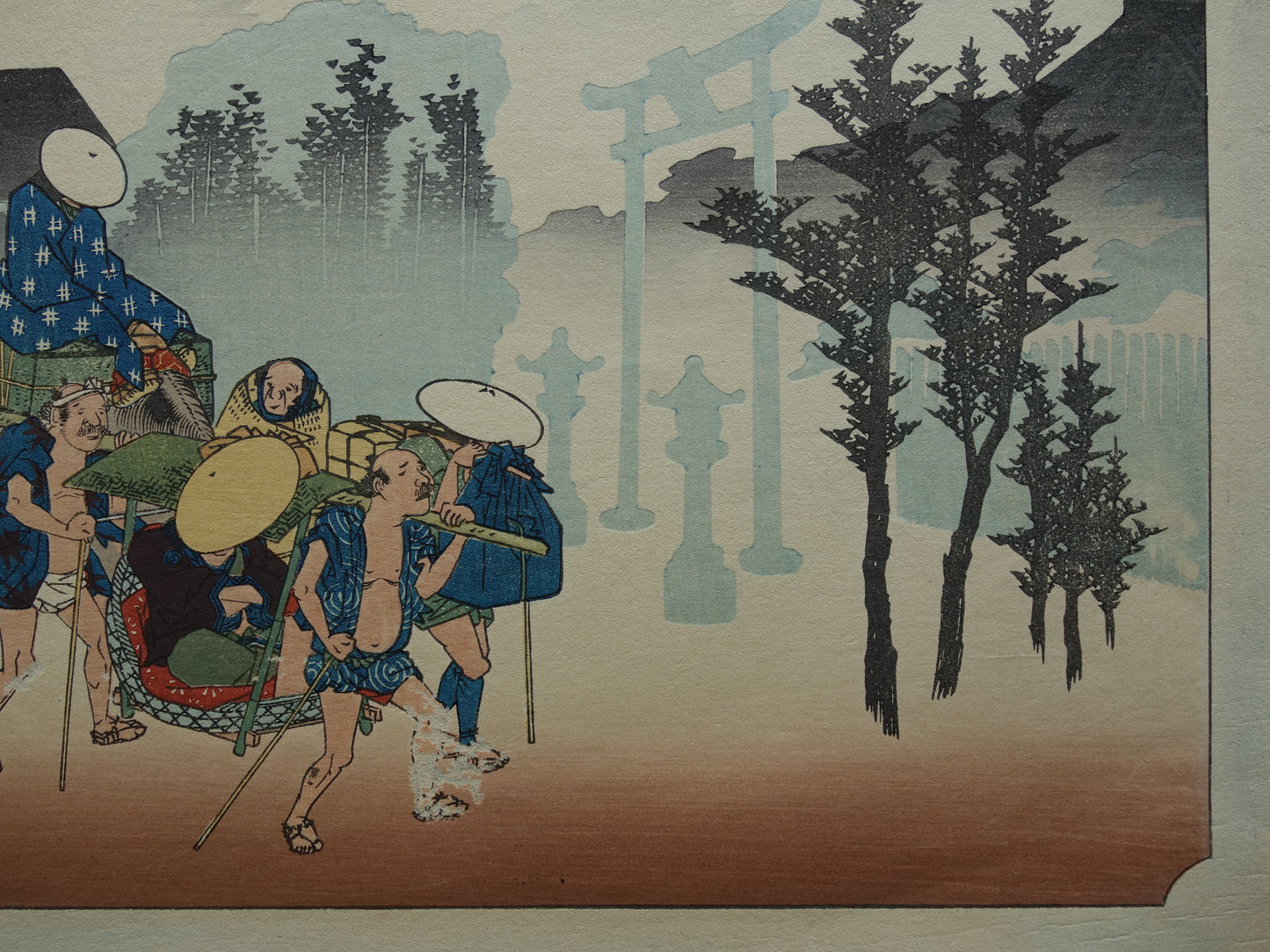 Utagawa Hiroshige - Station Mishima in Morning Mist - Tokaido Road - Oude Japanse prent Originele vintage houtsnede