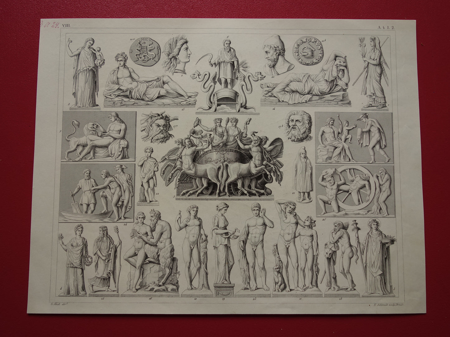 Griekse en Romeinse goden antieke print originele 1849 oude illustratie God sculpturen rituelen vintage religie prenten klassieke oudheid Bacchus