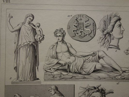 Griekse en Romeinse goden antieke print originele 1849 oude illustratie God sculpturen rituelen vintage religie prenten klassieke oudheid Bacchus