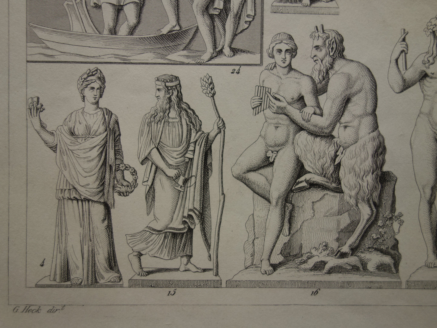 Griekse en Romeinse goden antieke print originele 1849 oude illustratie God sculpturen rituelen vintage religie prenten klassieke oudheid Bacchus